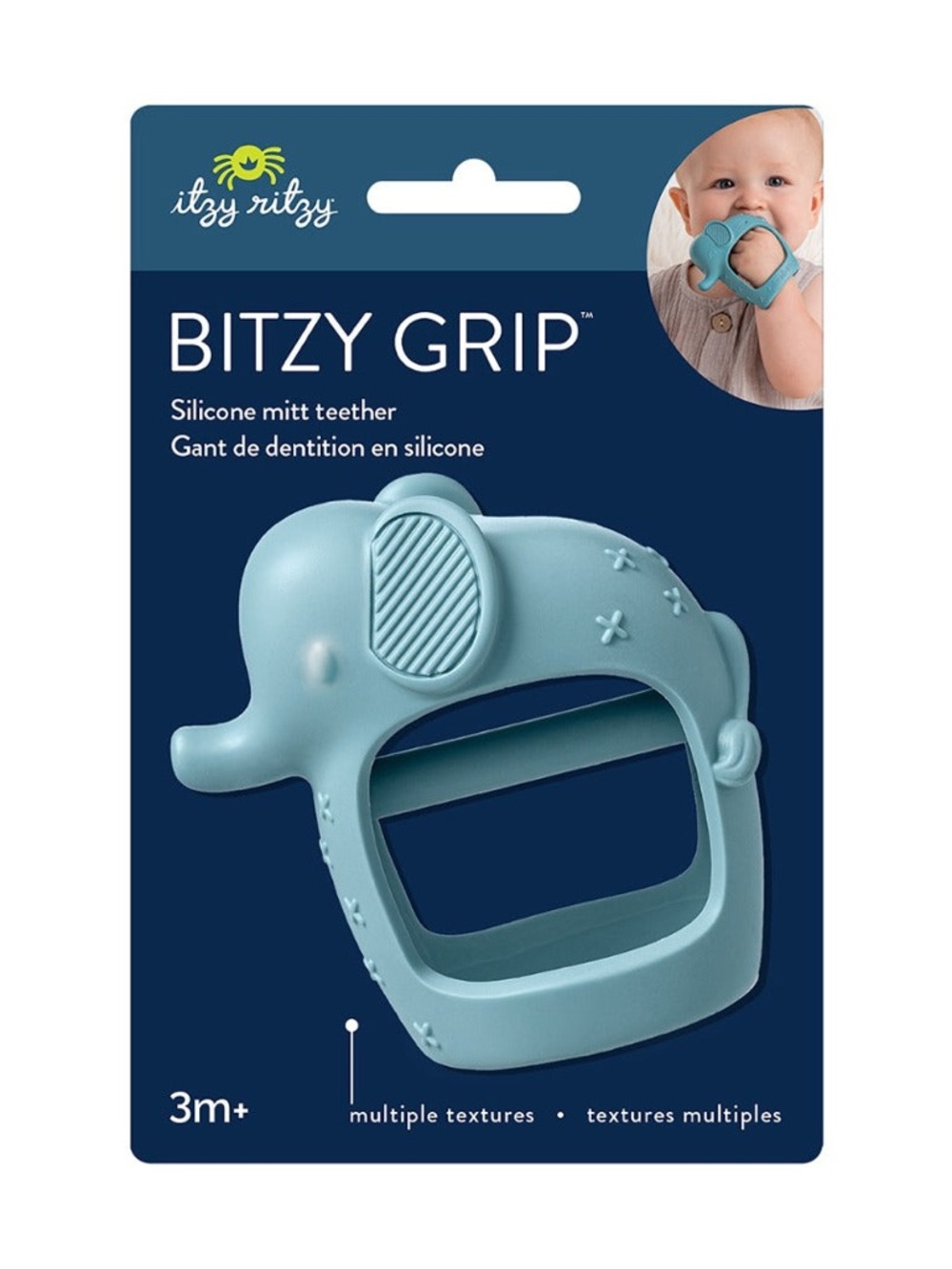 NWT Itzy Ritzy Silicone Bitzy Grip Mitt Teether, Blue Elephant, 3m+